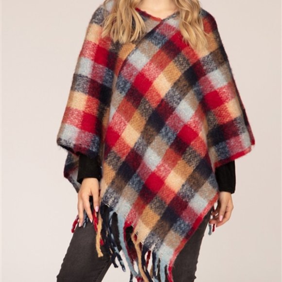 MULTI COLOR PLAID PRINT PONCHO - SOFT - Picture 2 of 2